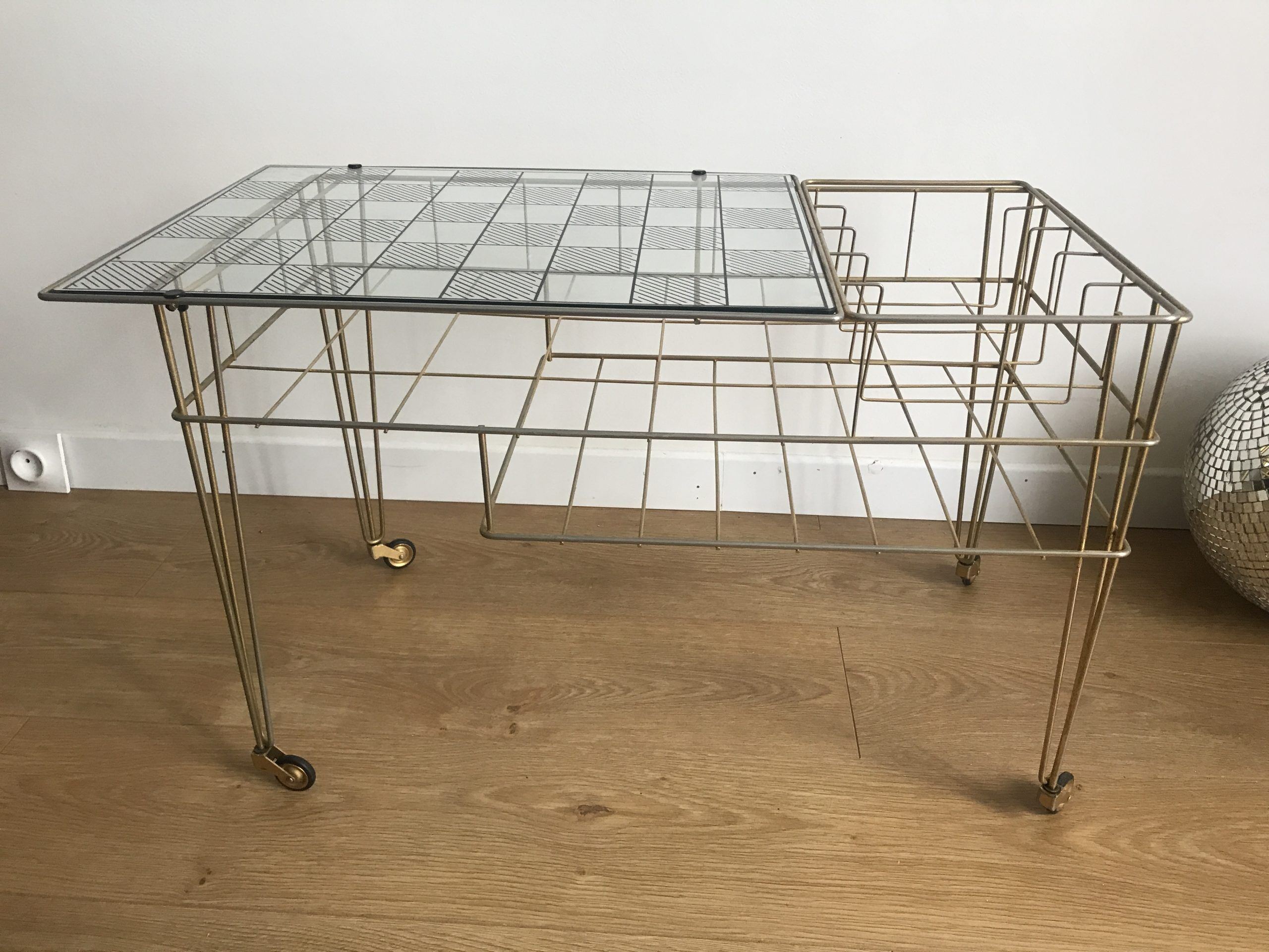 Side table gold vinyl door with wheels eiffel legs and glass checkered top