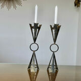 Pair of "brutalist" candlesticks in forged and hammered raw steel 70s