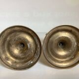 Pair of brass candlesticks with worked flower balls.