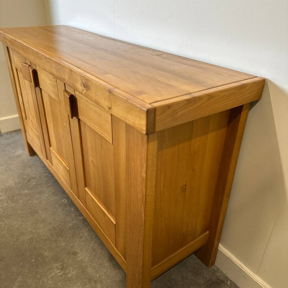 Buffet Maison Regain, crédence vintage en bois d'orme français, brutaliste moderne des années 1970