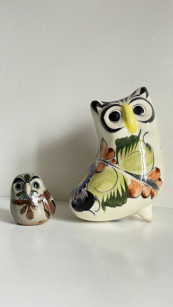Duo de hiboux en céramique artisanale vintage