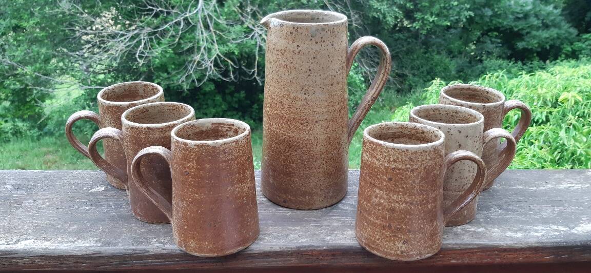 Pitcher and tumblers, pyrite stoneware, France, 1970