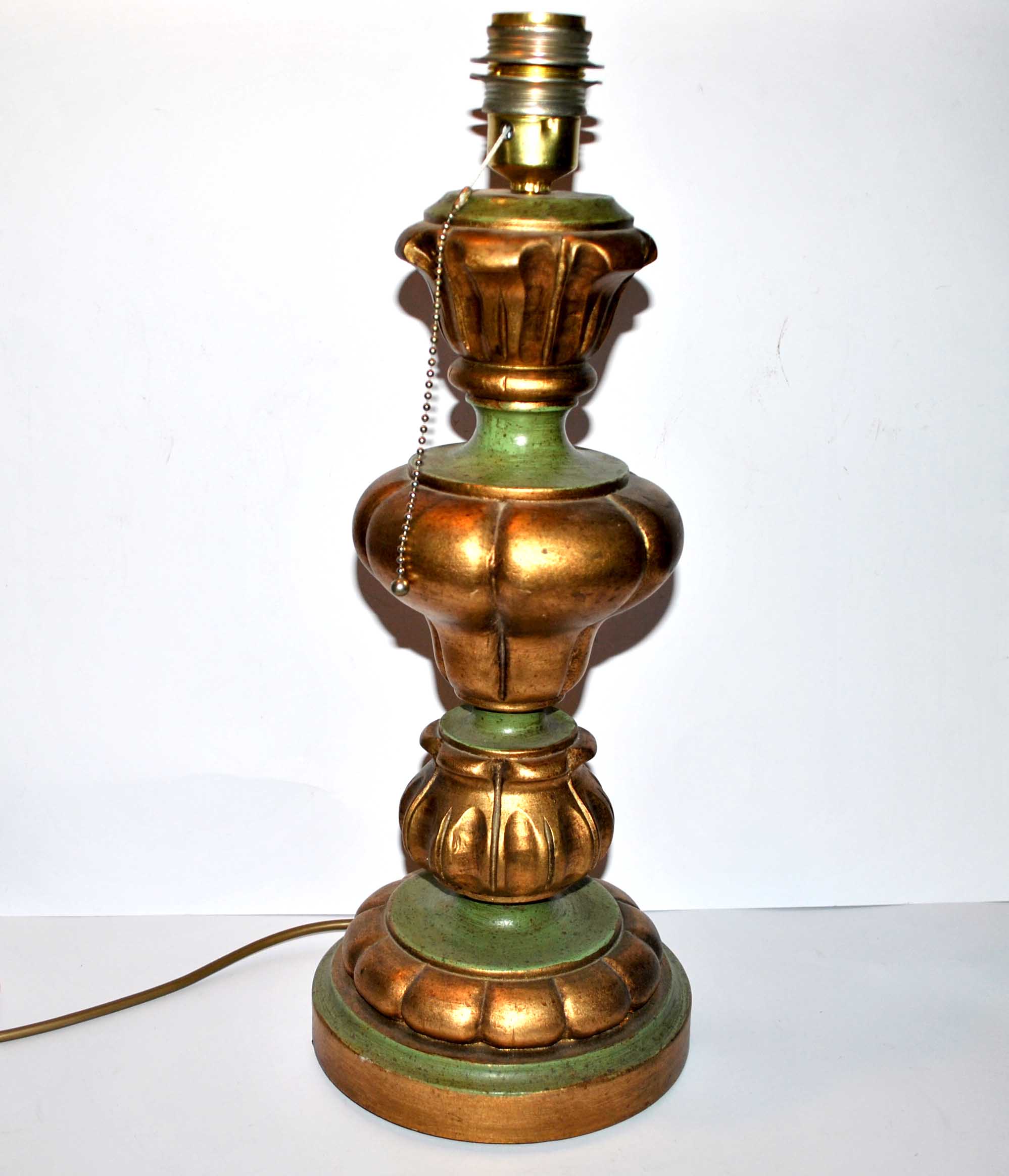 Vintage lamp foot gilded and green in carved turned wood