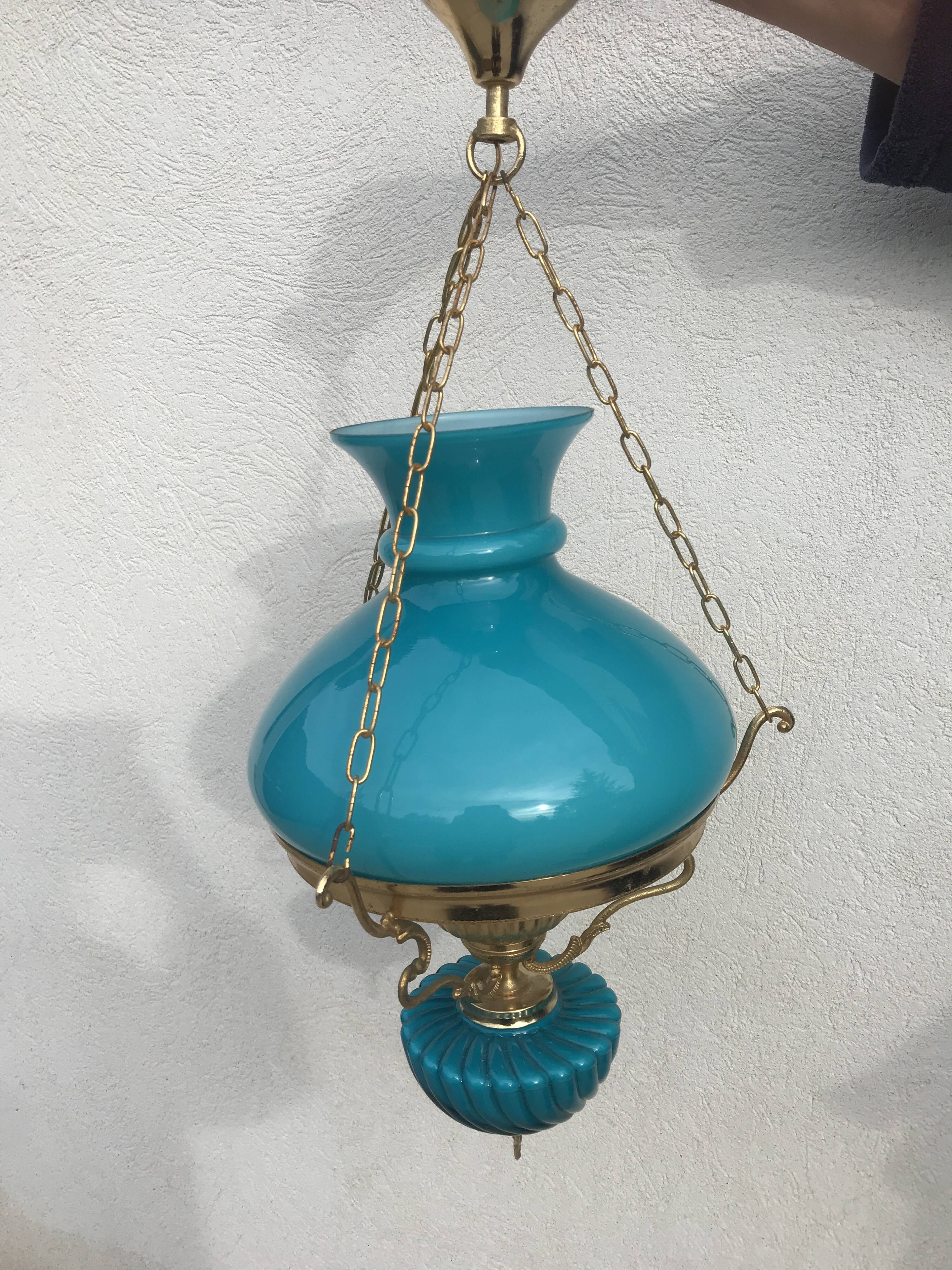 Pendant light in turquoise green opaline & brass