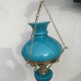 Pendant light in turquoise green opaline & brass
