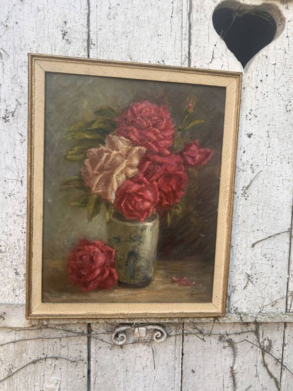 Tableau ancien Bouquet de roses ancien peinture à Huile , vers 1900 po