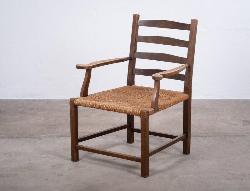 Danish Stained Oak Armchair with Cane and Spindle Back, 1940s