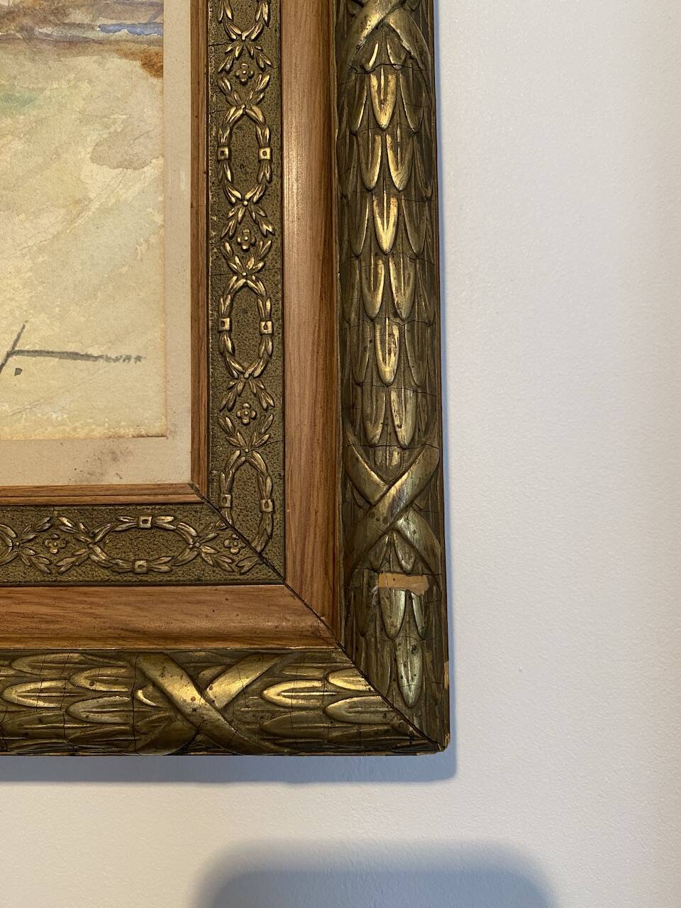 Old painting "Marine with boats" signed Marie Piat, 1930s-40s