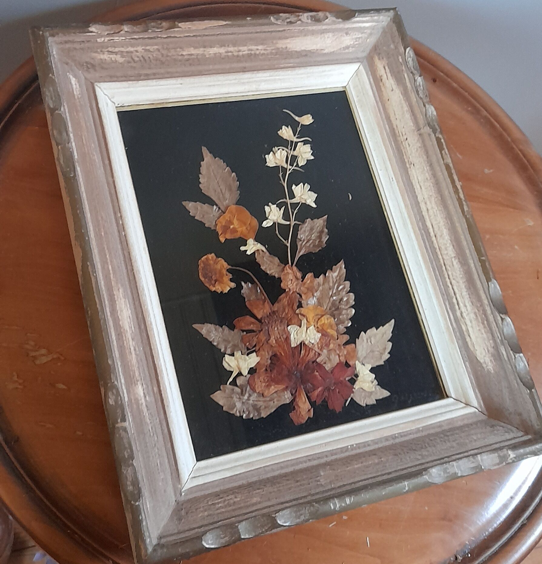 Wood frame dried flowers under glass, black background, vintage