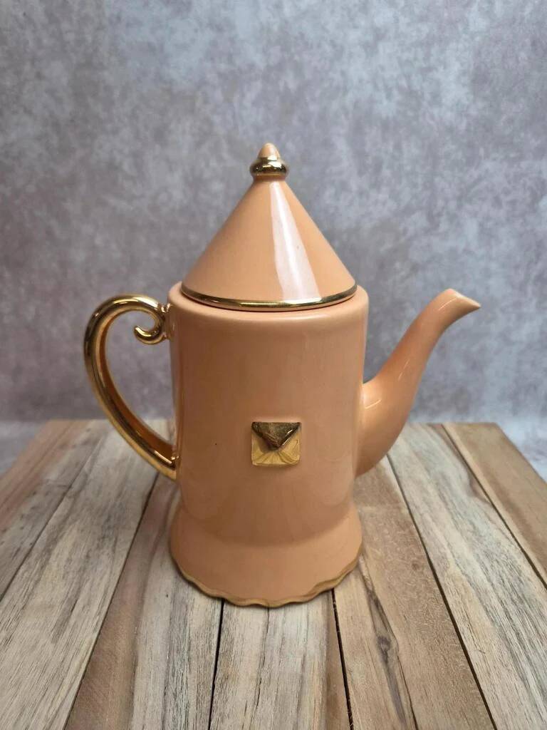 Vintage teapot Artichoke I.c.b. France peach pink and gilding