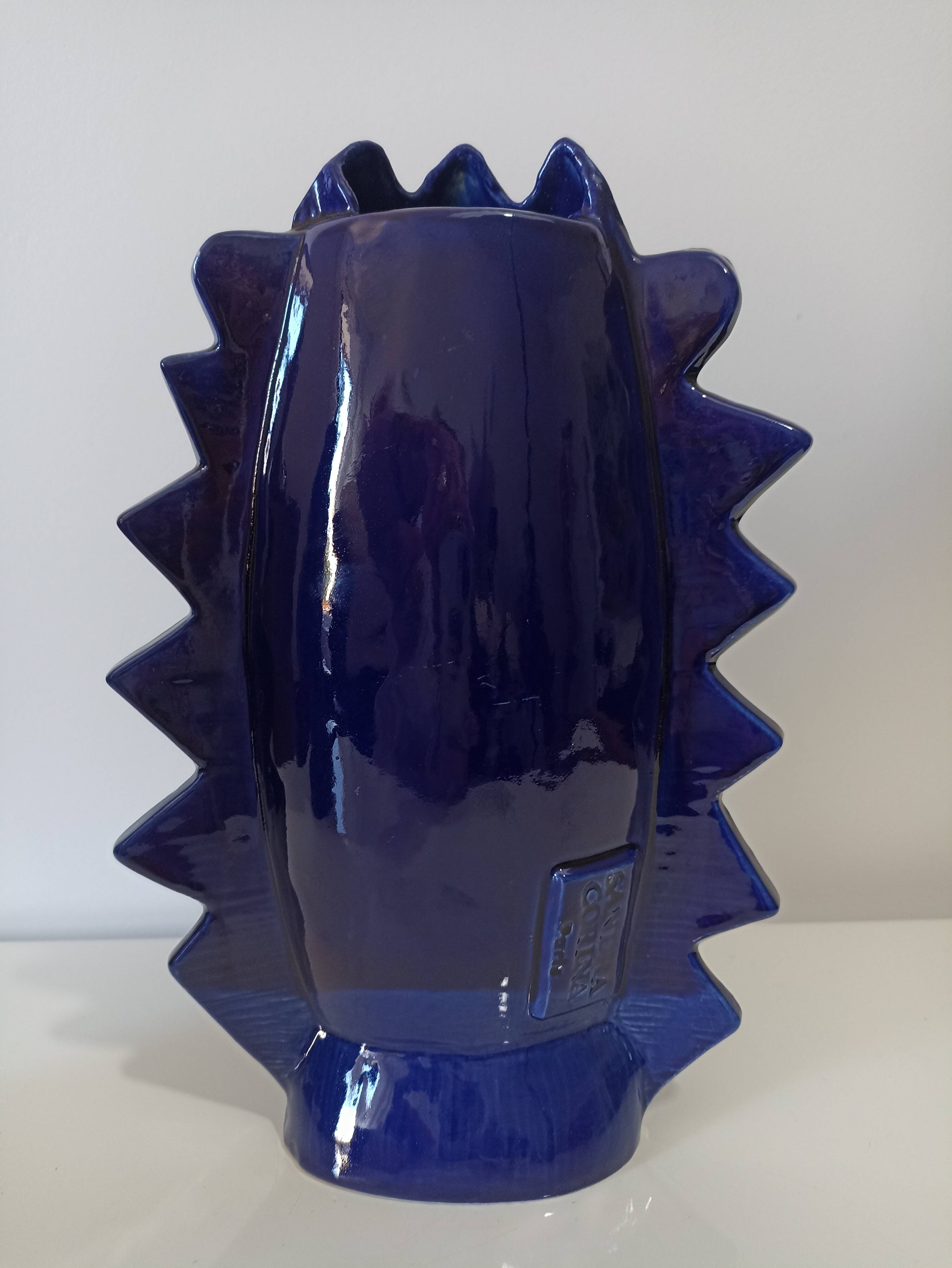Lion vase blue glazed earthenware design XXe Sandra Corina Paris