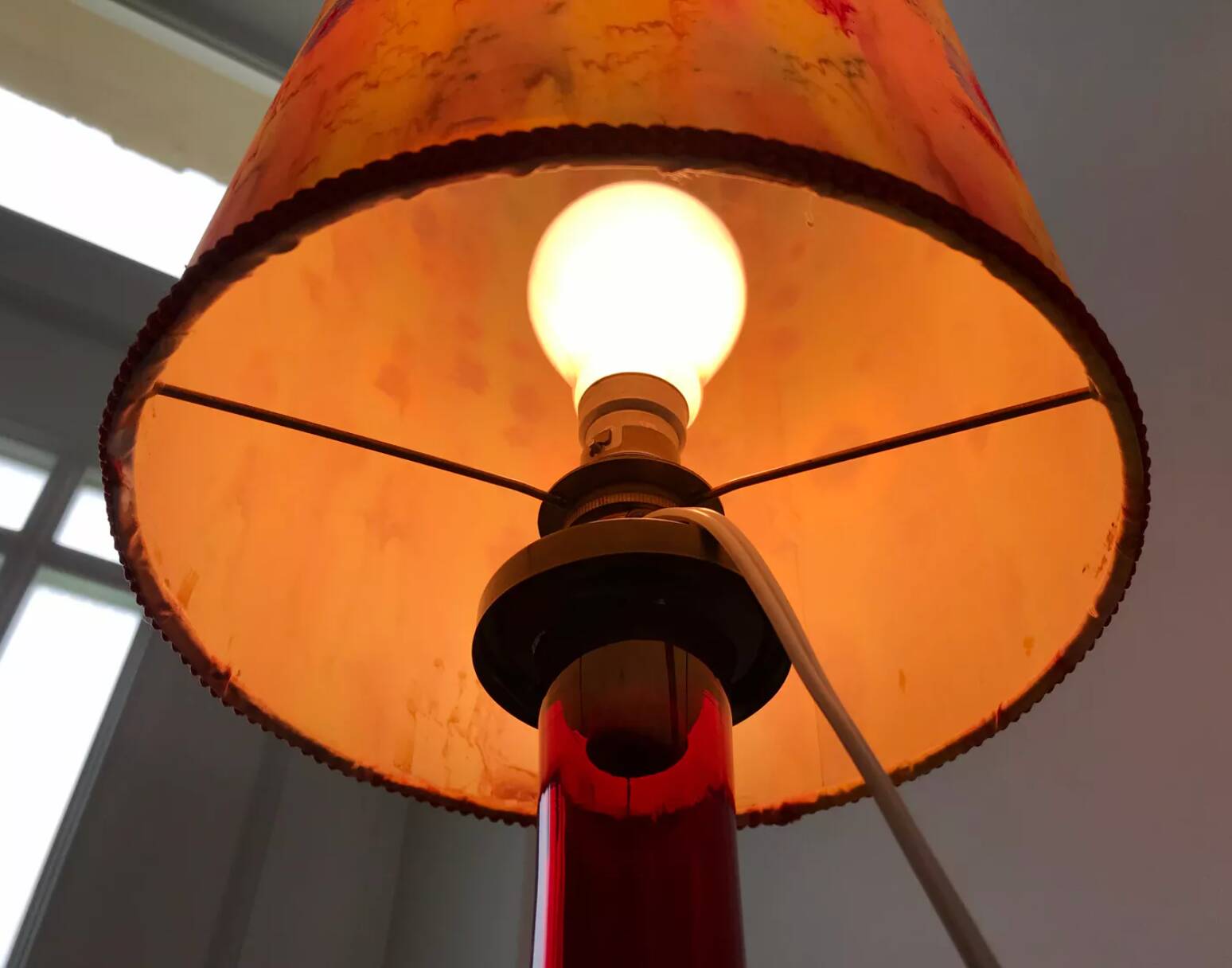 Large red Murano style Italian blown glass lamp and seventies lampshade from the 70s