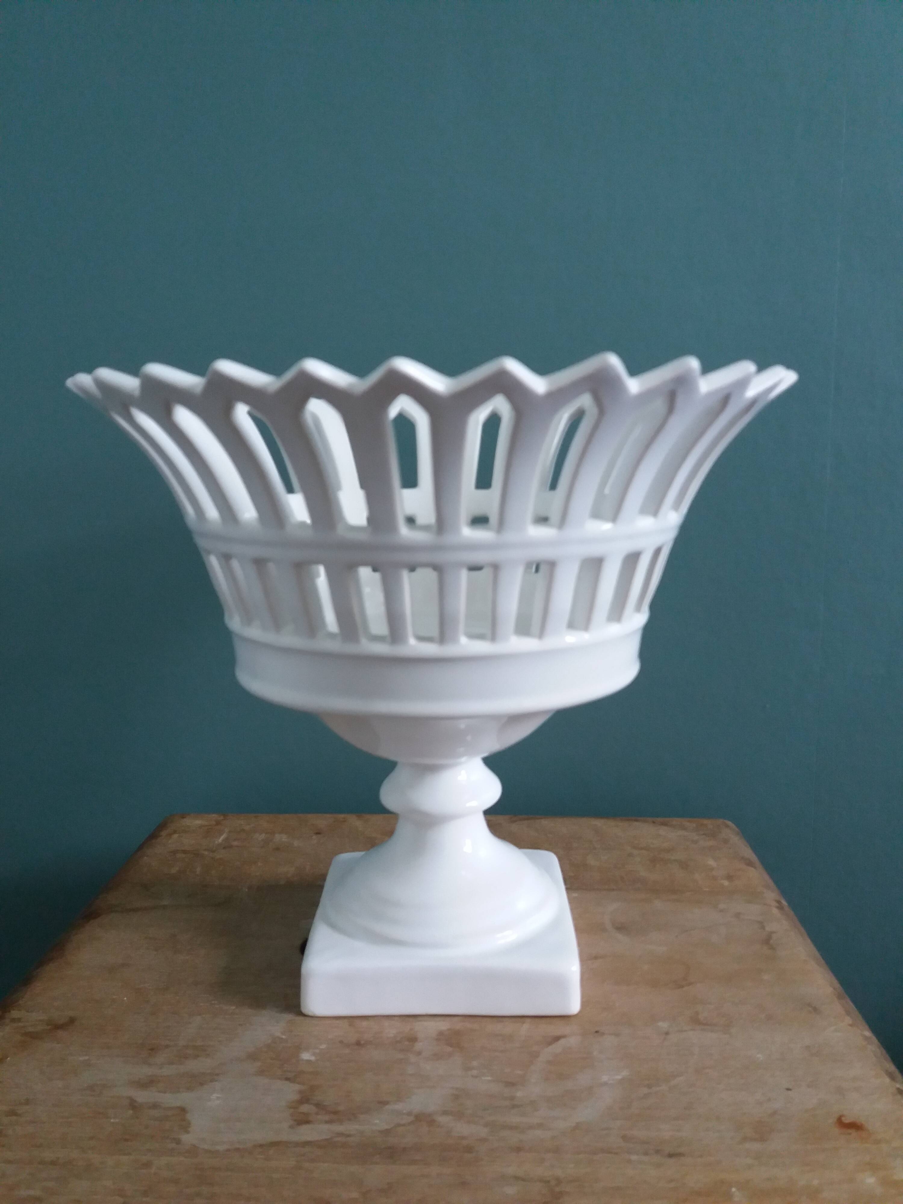 Malicorne Bourg-Joly openwork fruit bowl signed Moreau
