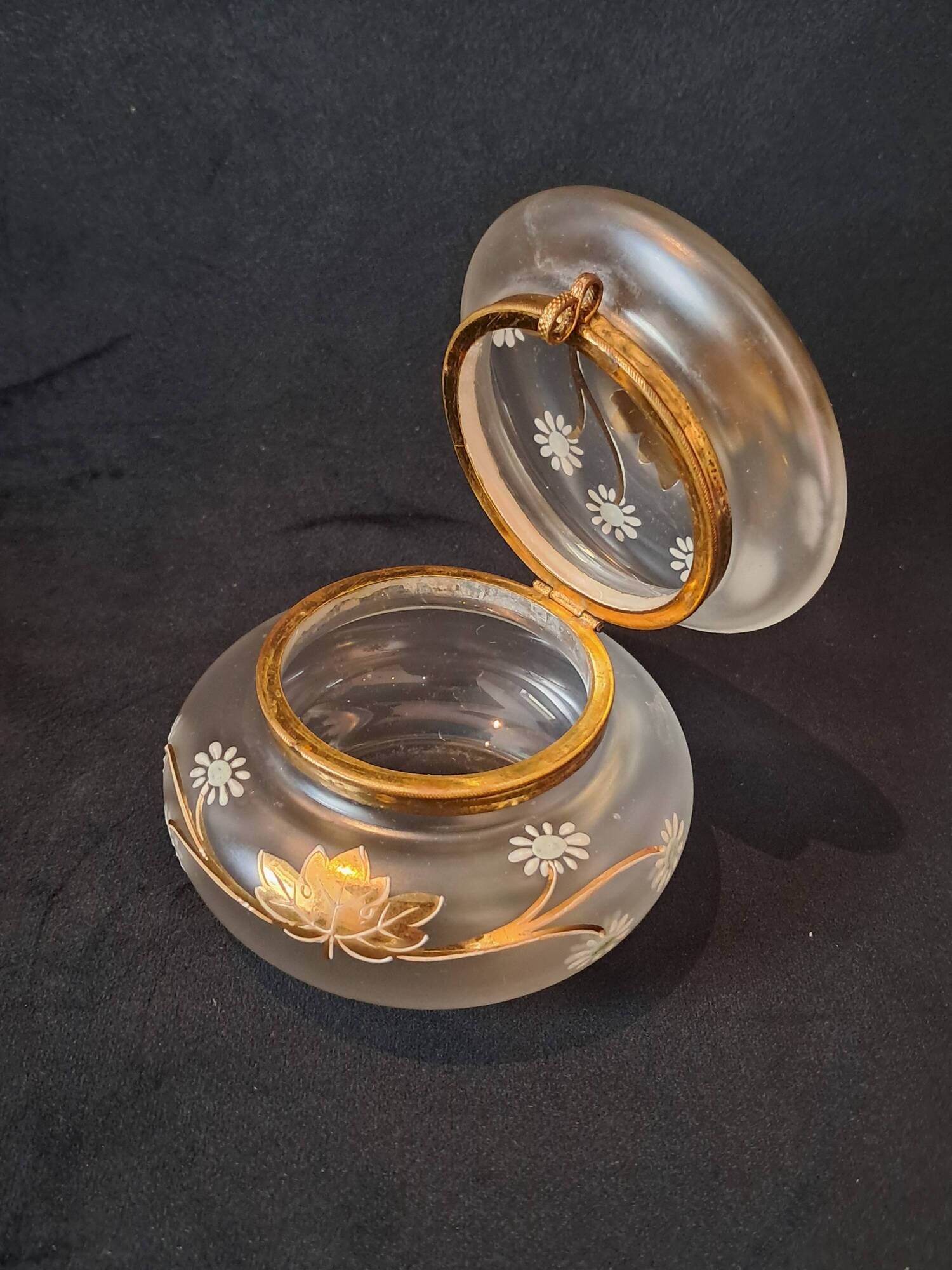 Art nouveau satin glass candy dish with enamel painted floral decor