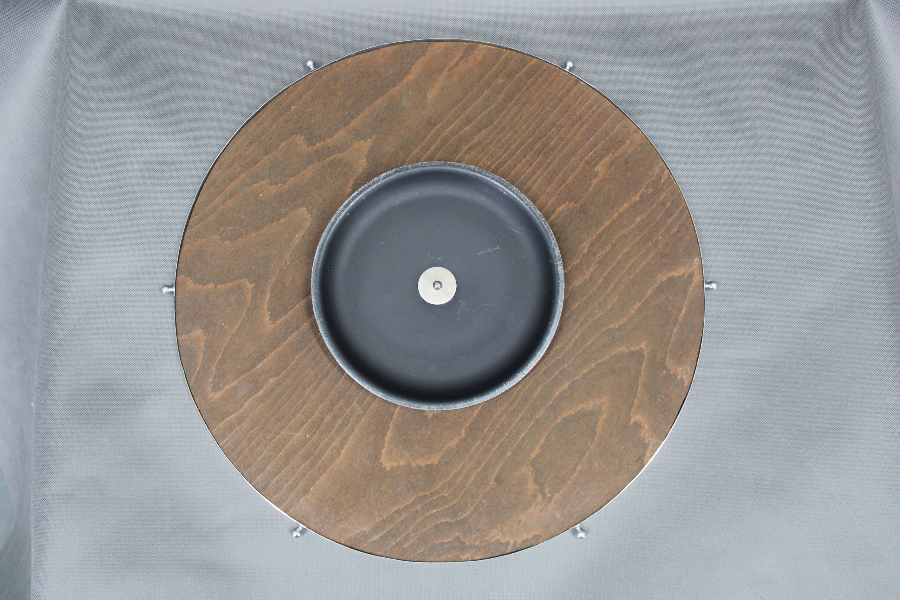 Art Deco swivel serving tray, chrome glass wood, Czechoslovakia 1930s