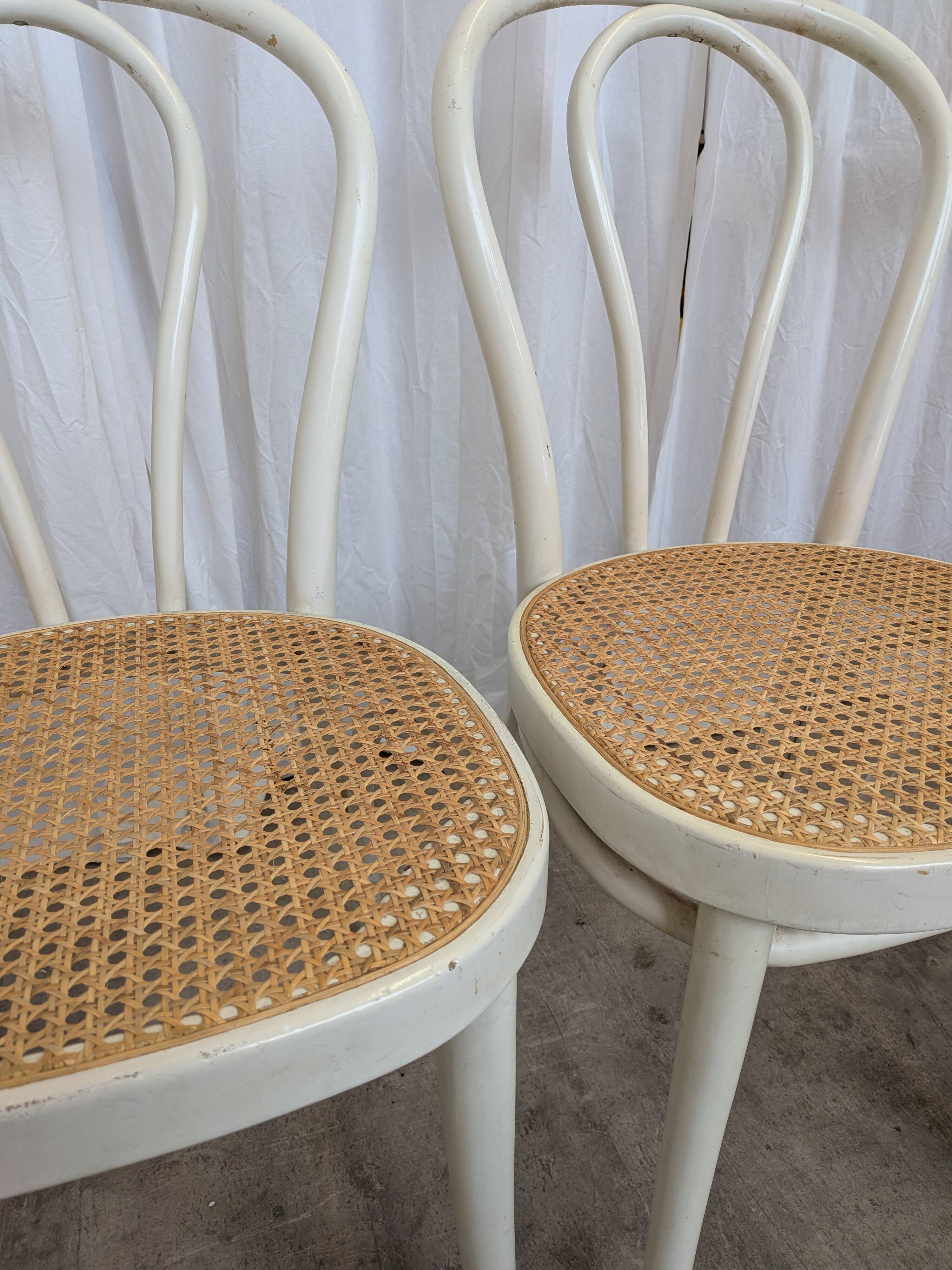 Set of 4 Vintage Thonet Style Dining Chairs: White Wood & Cane Seat