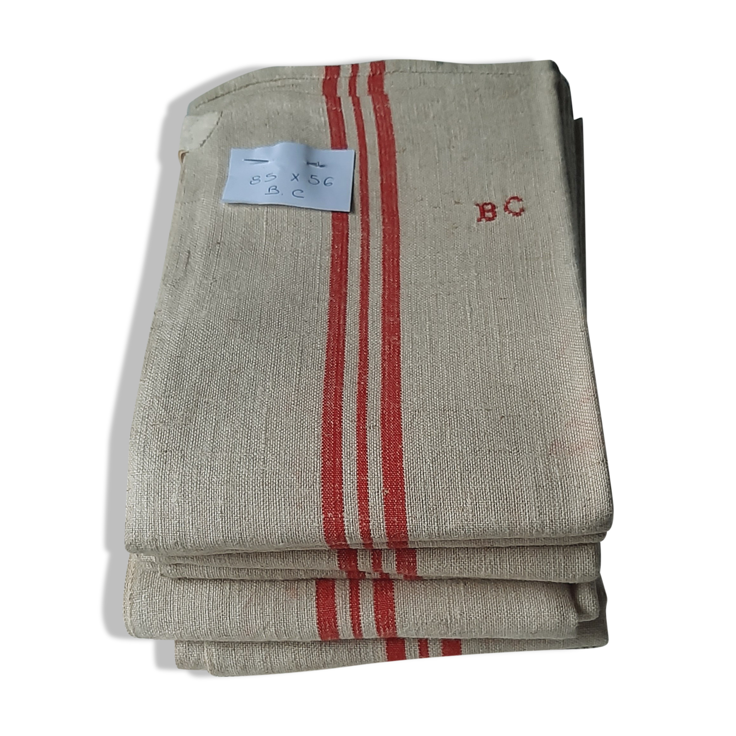 6 old linen tea towels ecru red stripes monogram b.c.