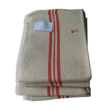 6 old linen tea towels ecru red stripes monogram b.c.