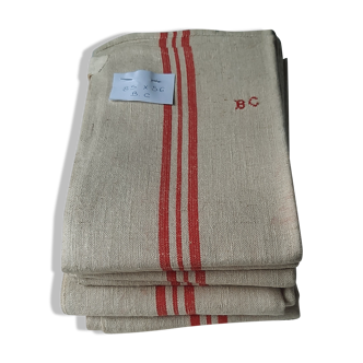 6 old linen tea towels ecru red stripes monogram b.c.