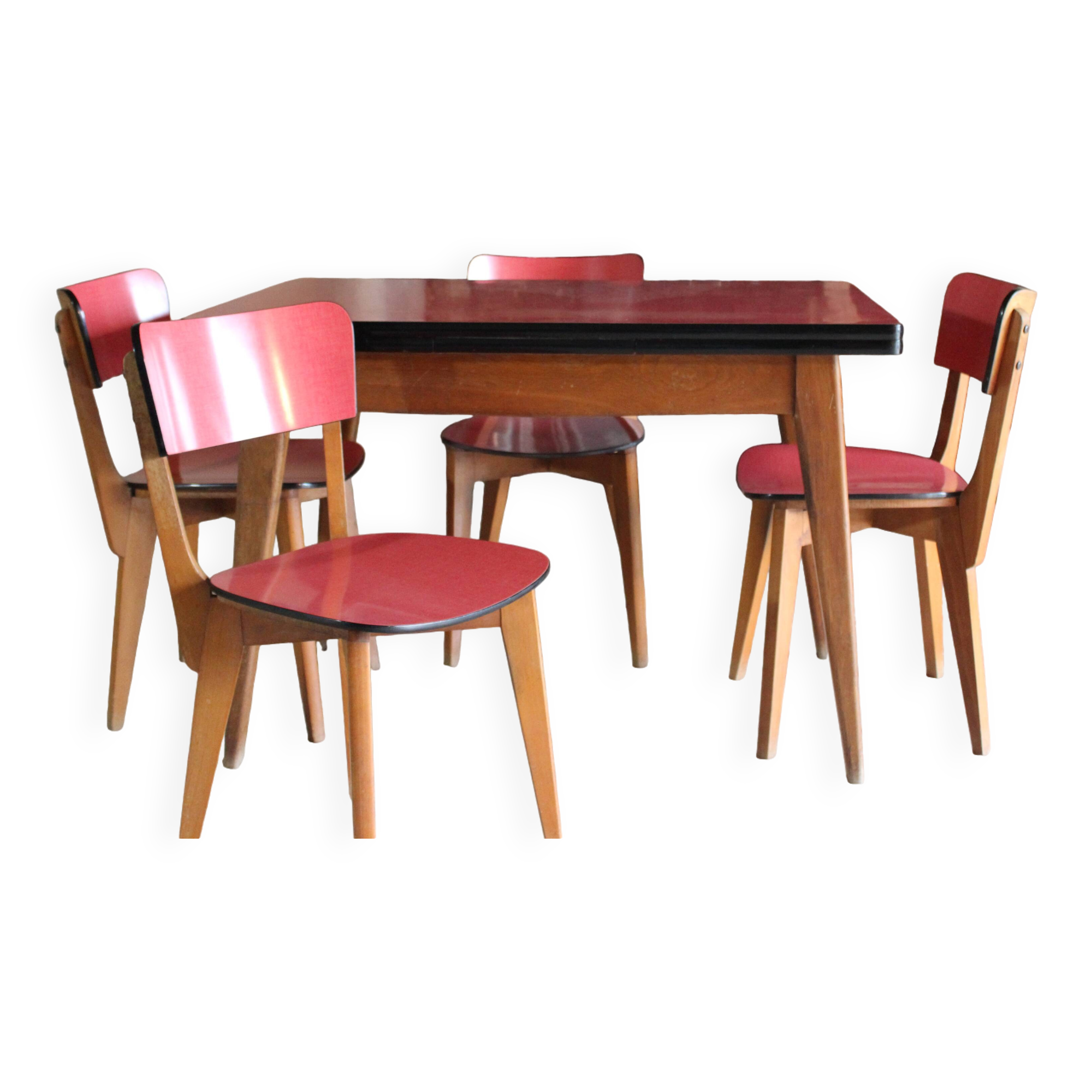 Kitchen table and its 4 chairs in wood and red formica, 1950