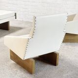 French Modernist Living Room Sofa Set In White Leather, 1950's