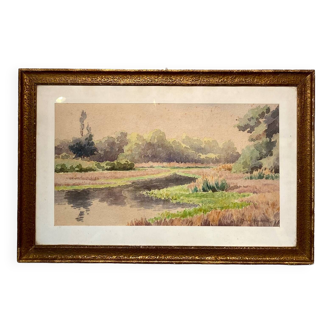 Old painting, landscape signed Andrée Bouchard 20th century