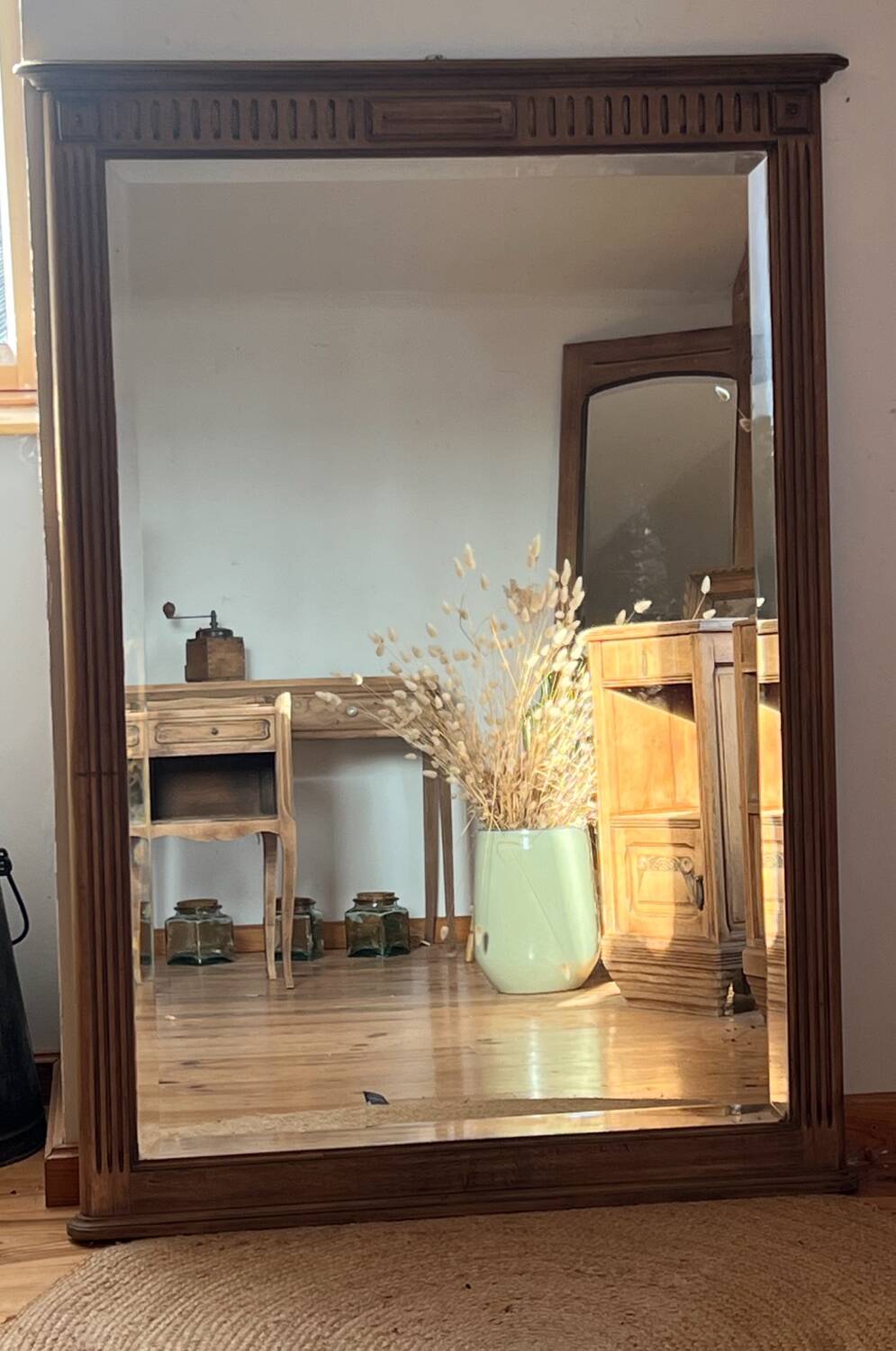 Large antique mirror in raw solid oak