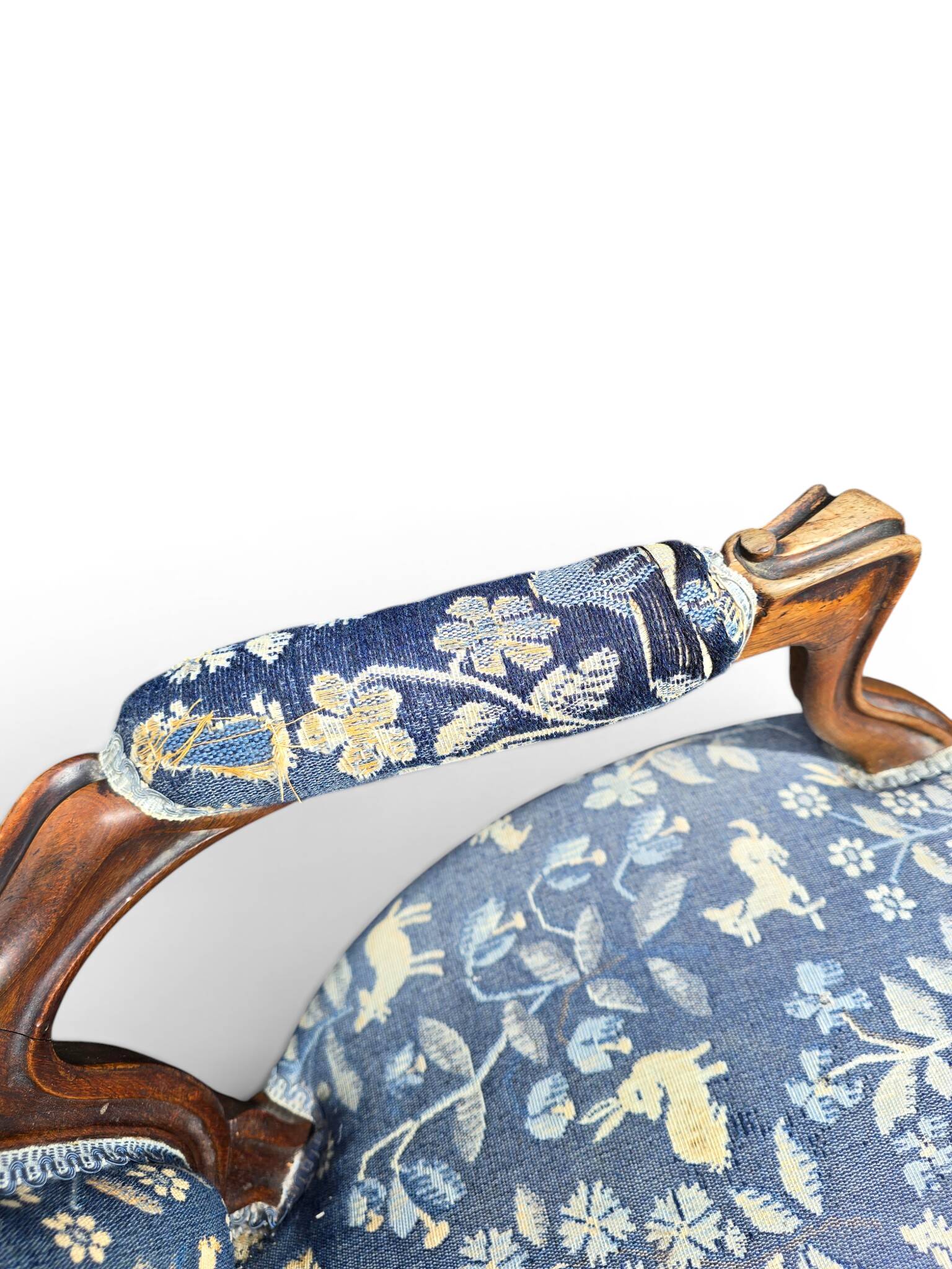 Louis XV cabriolet armchair in wood and animal print blue fabric