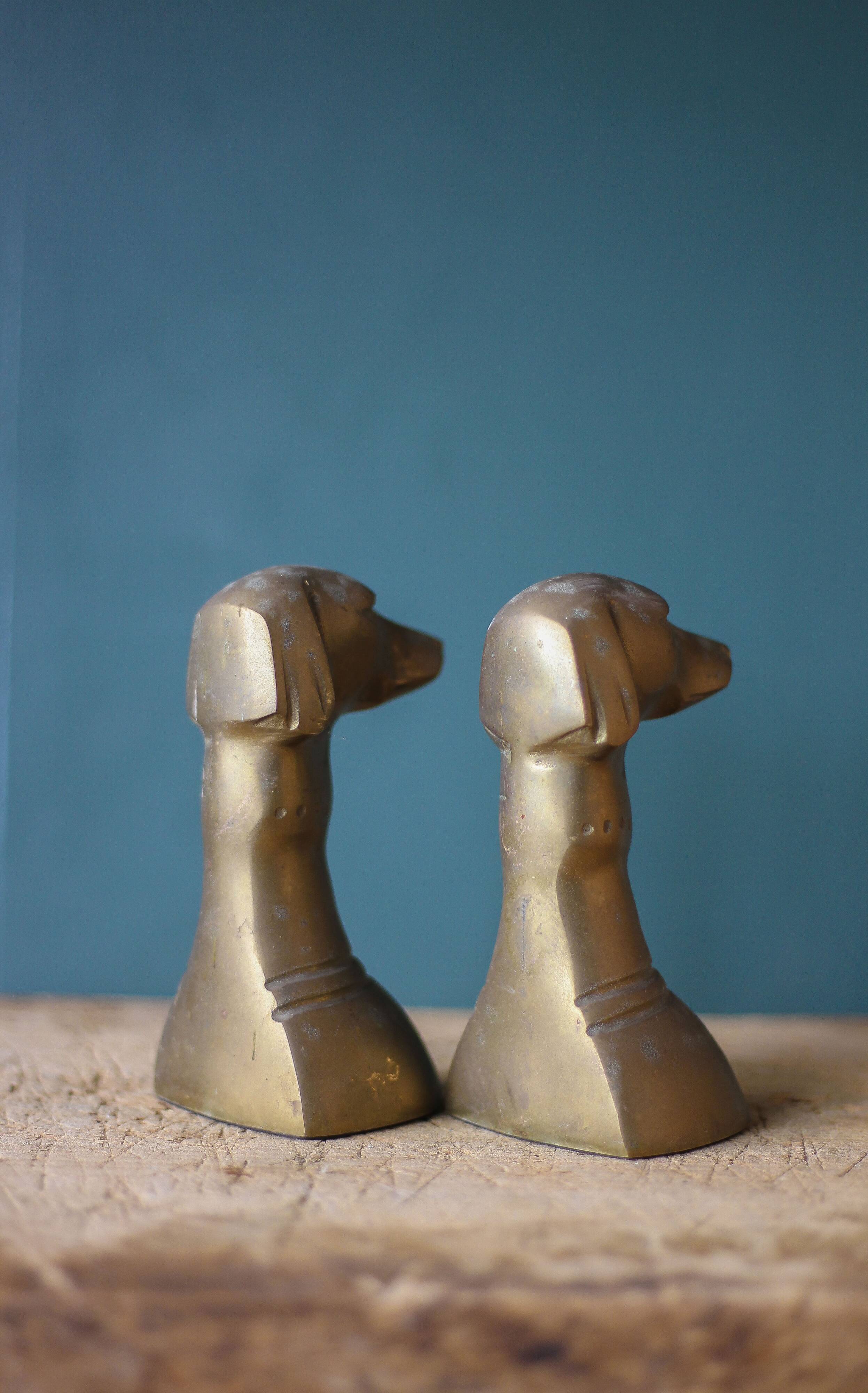 Vintage brass dog head bookends, brass greyhound animals, paperweight, library, office