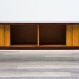 1950s low sideboard in ash, black formica surface. Professionally restored