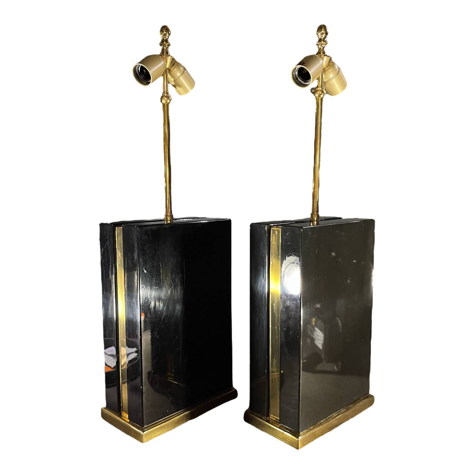 Pair of black lacquered and brass table lamps, circa 1970