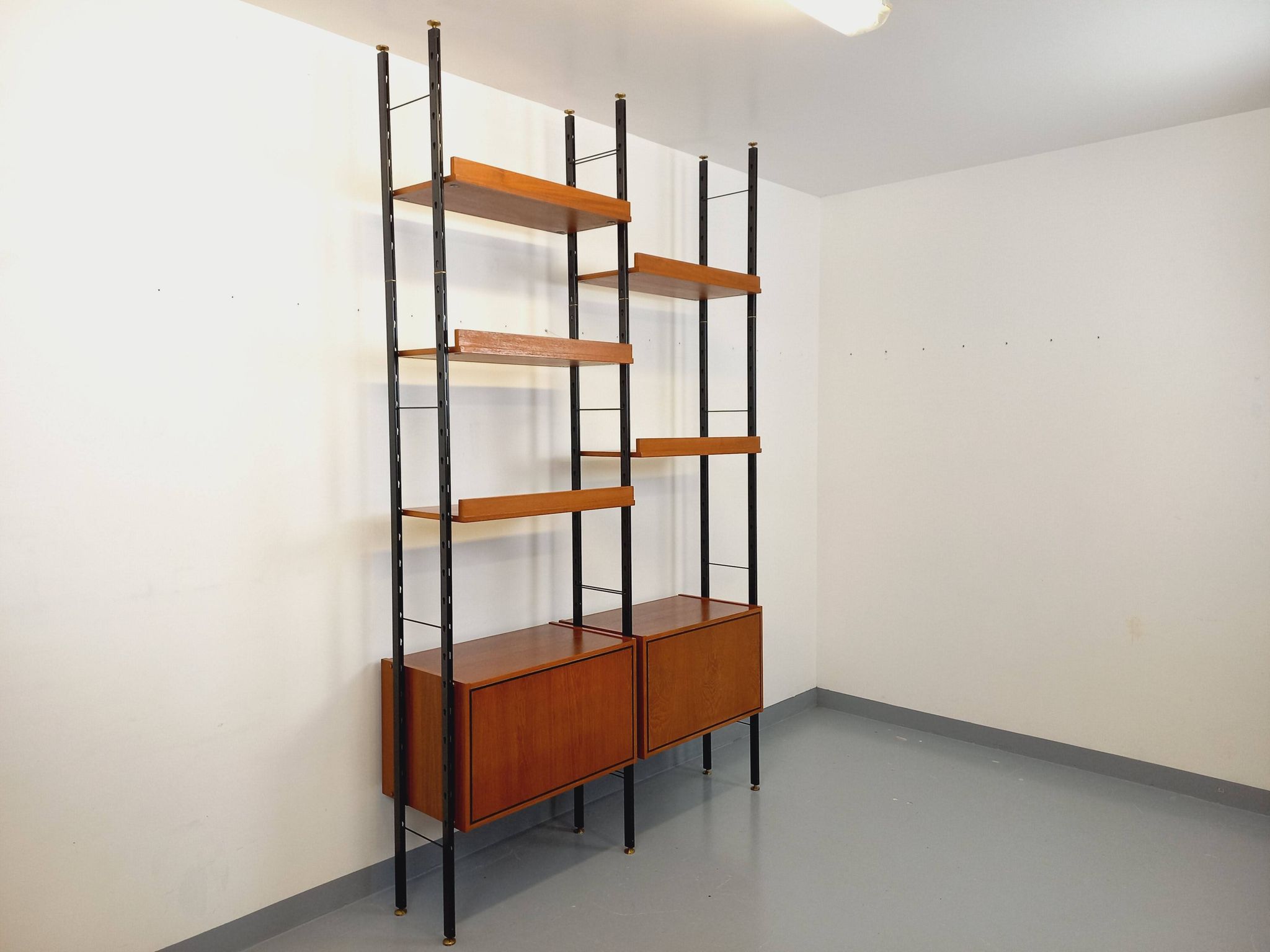 Vintage Italian double modular shelf bookcase in teak and metal