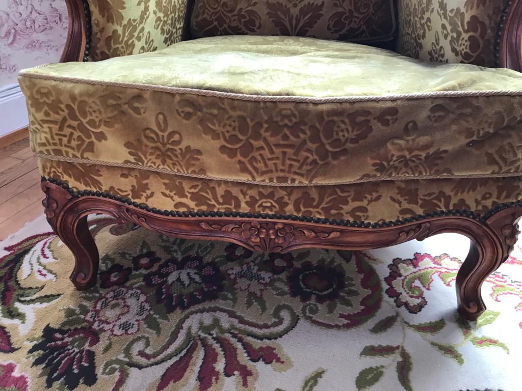Armchair in golden yellow velvet and louis XV style cherry tree