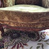 Fauteuil en velours jaune doré et merisier style Louis XV