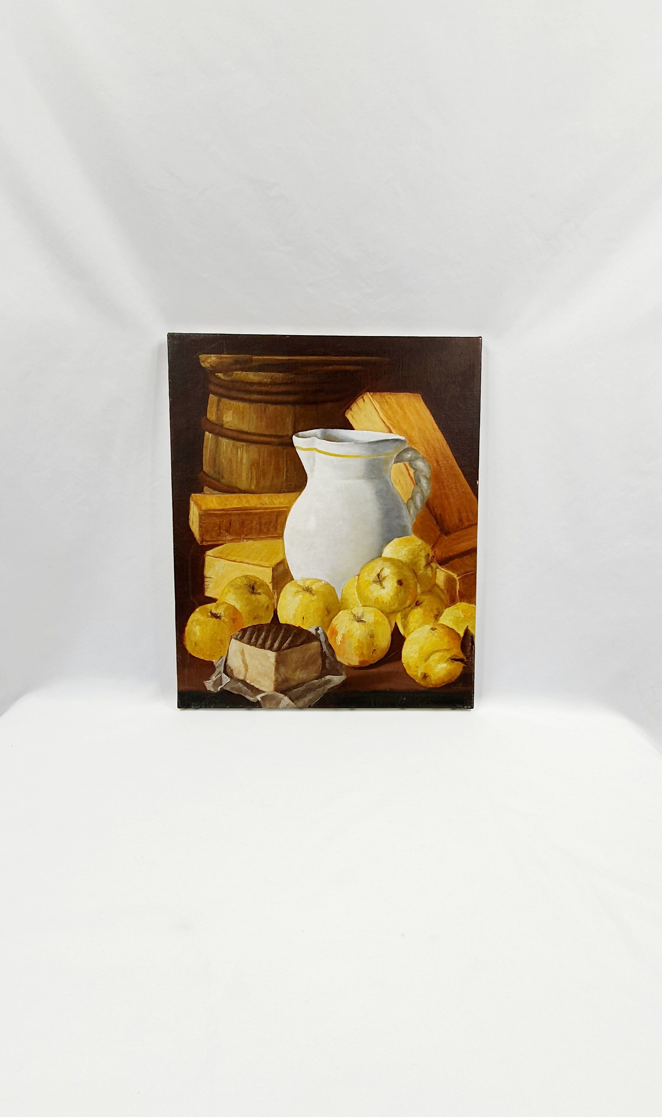 Oil on canvas still life not signed apples pitcher kitchen