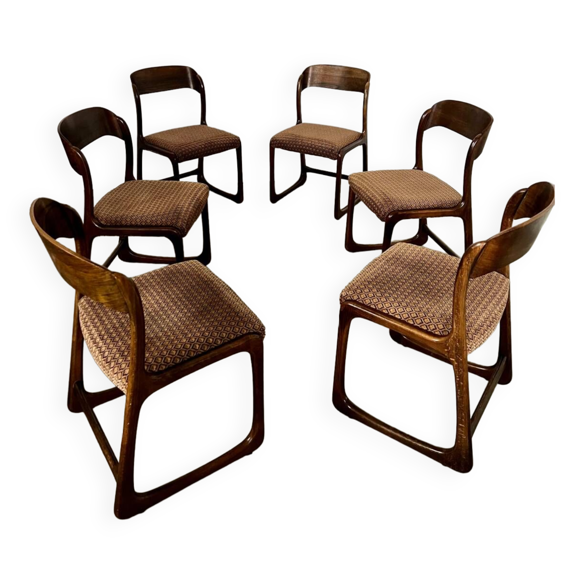 Set of 6 old baumann design sled chairs from the 60s wood and fabric