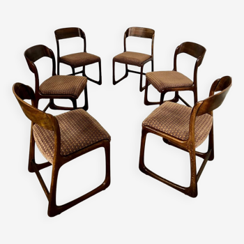 Set of 6 old baumann design sled chairs from the 60s wood and fabric