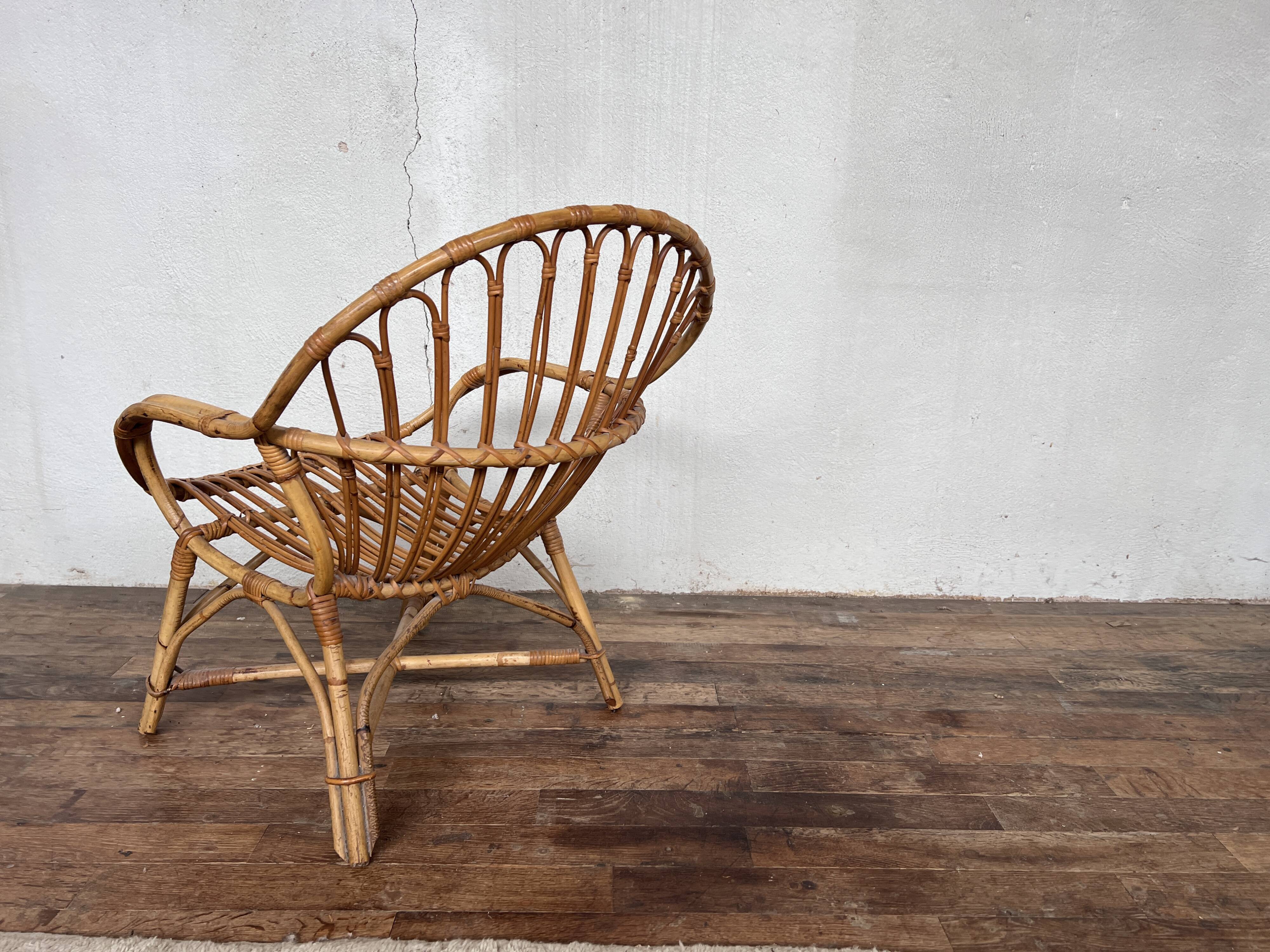 Fauteuil bohème shabby chic en rotin bambou 1950