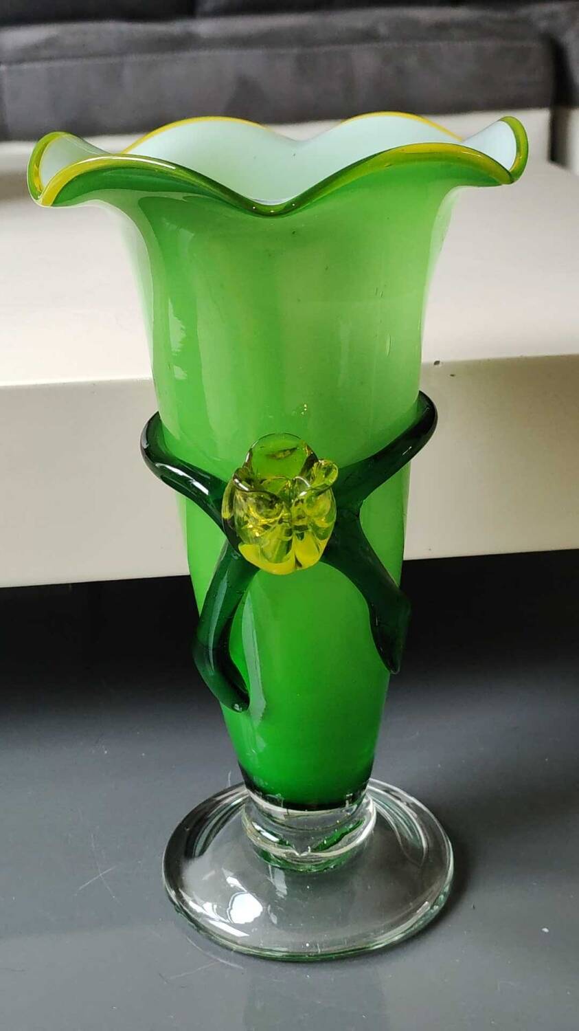 Design Vase in Floral/Yellow Rose shape in relief, corolla-shaped neck. Murano style. High 25 cm
