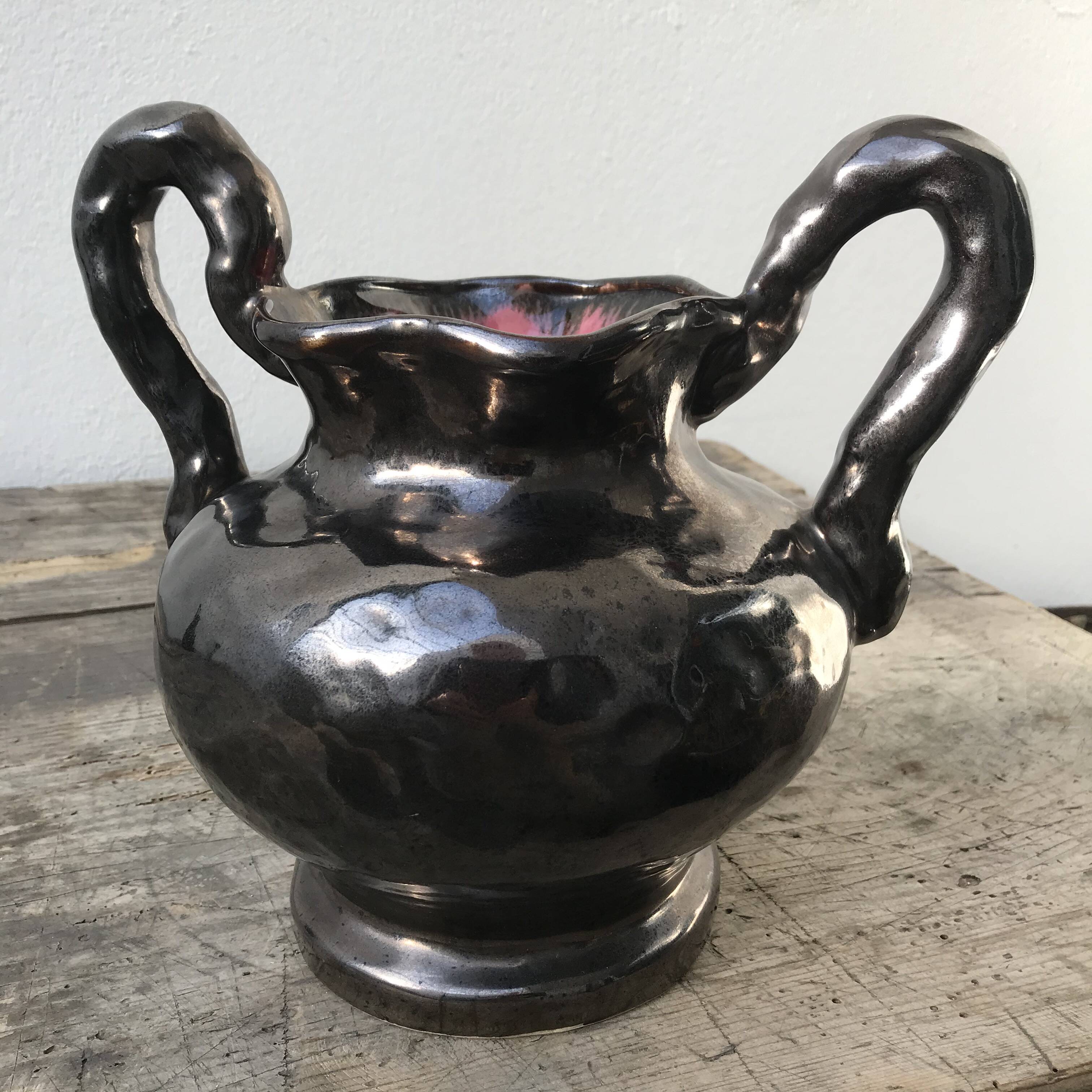 Black Ceramic Vase, pink inside color, signed