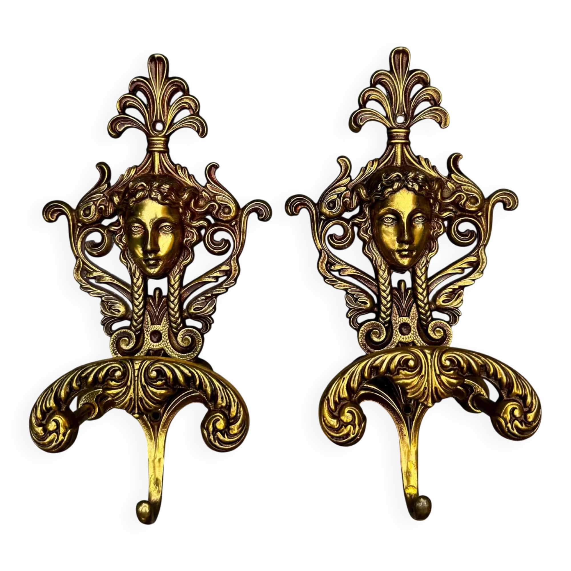 2 solid brass caryatid coat hooks Art Nouveau Jugendstil