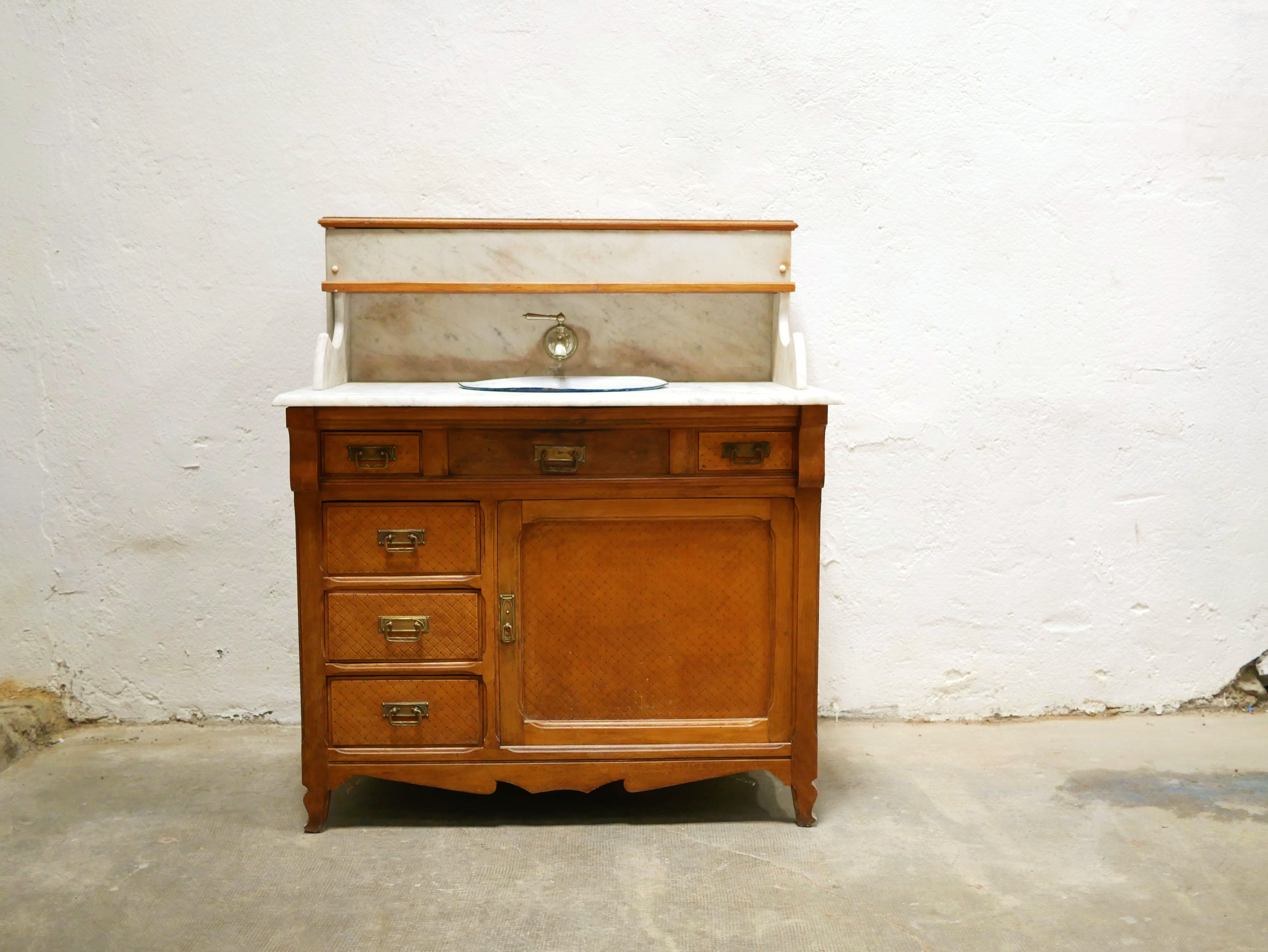 Antique washbasin cabinet in marble and wood