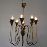 Vintage Eight-Light Brass Chandelier Highly Ascribable to Ulrich, Italy