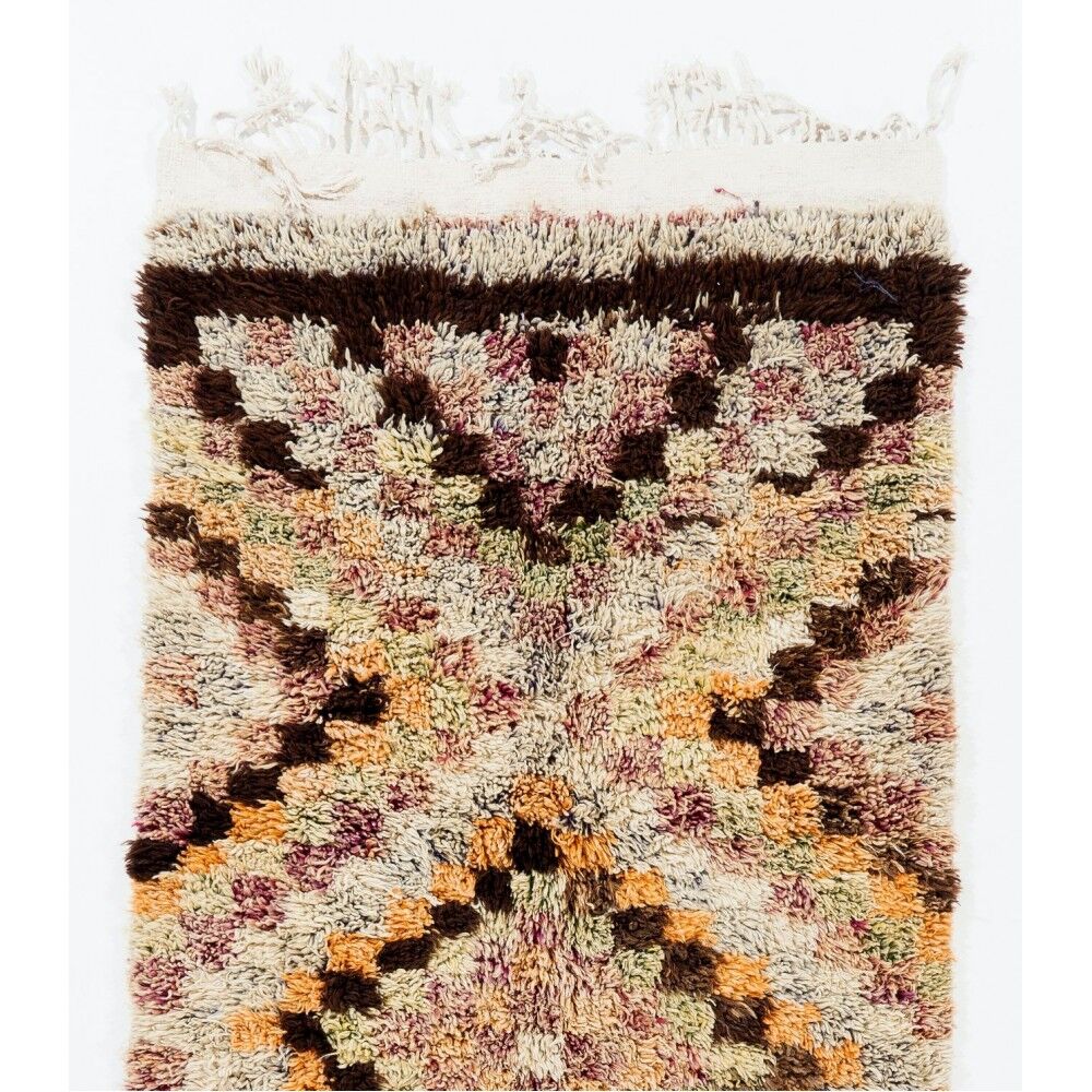 Vintage Hand-Knotted Tulu Runner Rug with Geometric Diamond Design in Cream, Brown and Orange, 100% Wool
