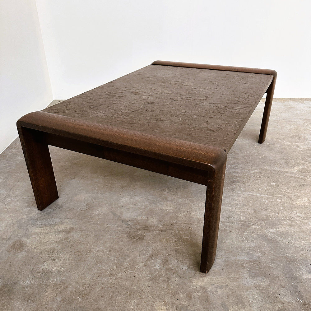 Vintage Belgian oak & fossil slate coffee table, brutalist modern, 1970s