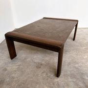 Vintage Belgian oak & fossil slate coffee table, brutalist modern, 1970s