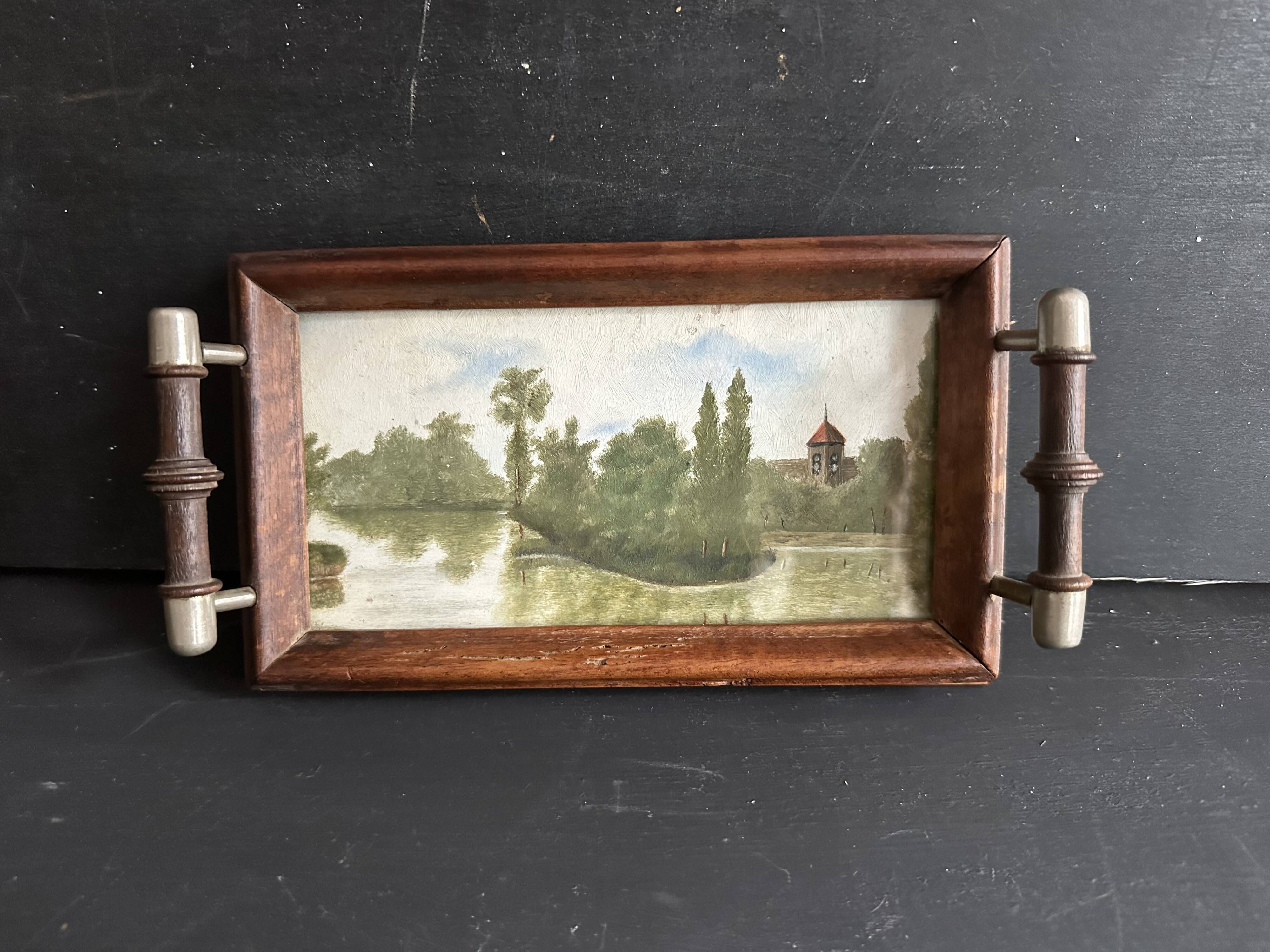 Antique miniature plateau, oil painting, turned wood and brass.