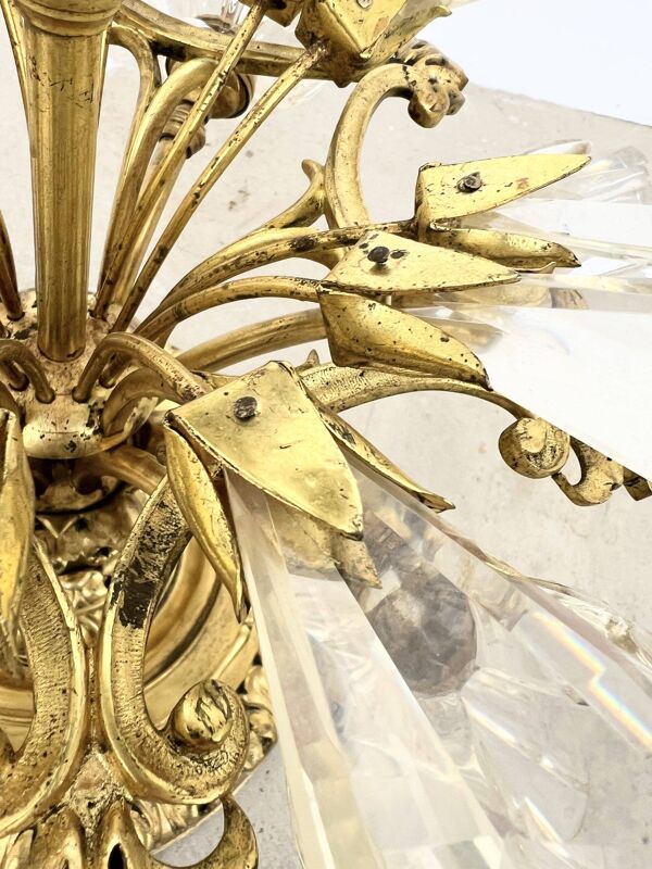 Plafonnier ''Montgolfière'' Ancien – Bronze Doré & Cristal (7 Feux)