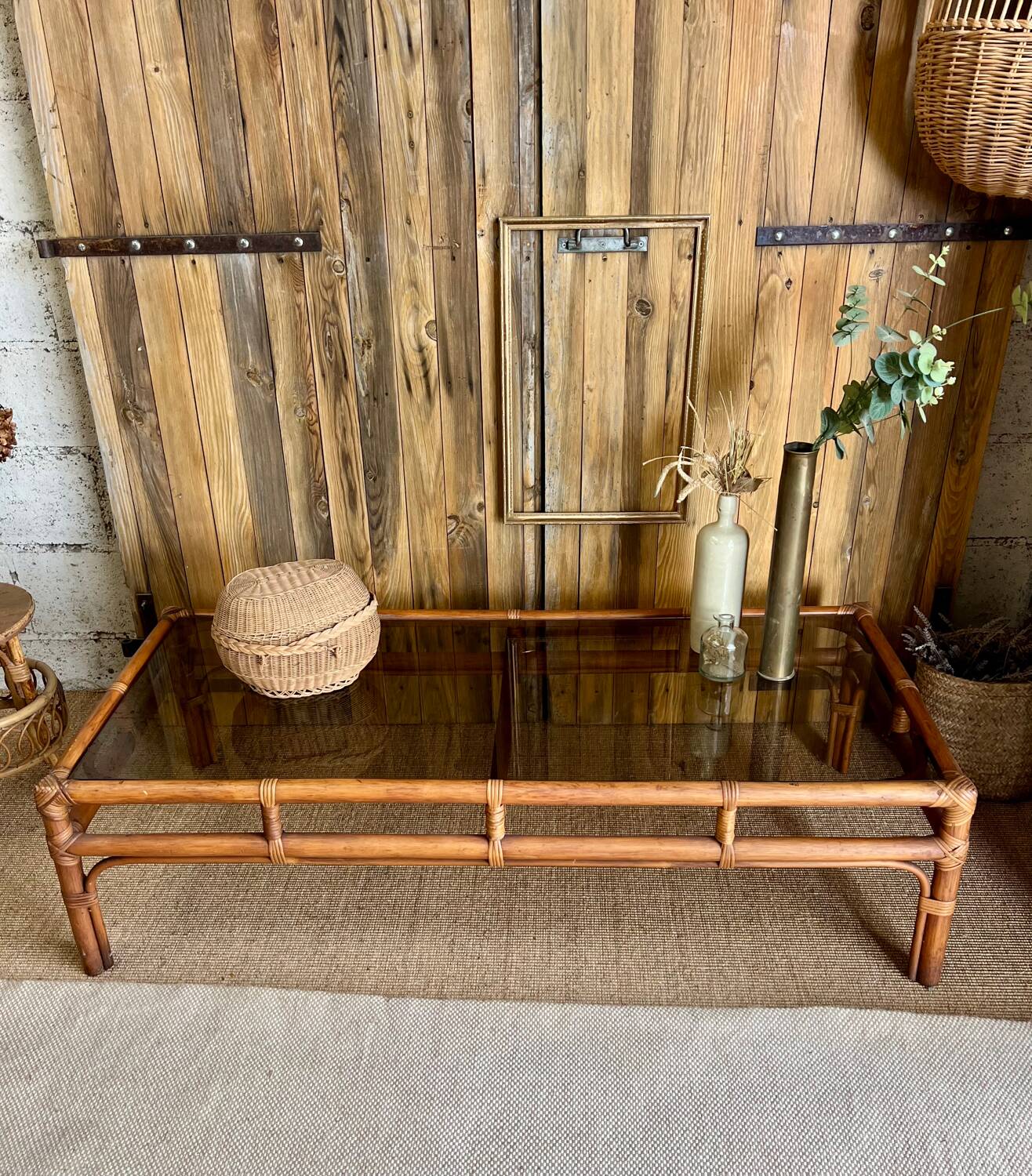 Large bamboo and smoked glass coffee table