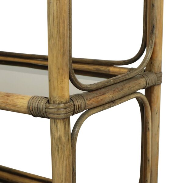 Étagère vintage boho en bambou et verre fumé 140 cm